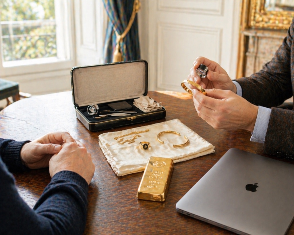 Expertise à domicile — expert EPO Gold examinant bijoux et lingot chez un particulier