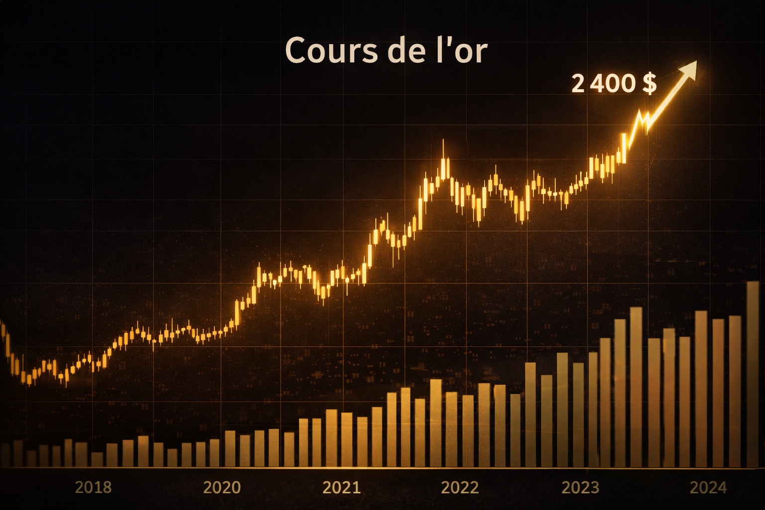 Graphique évolution du cours de l'or 2018-2024 en hausse à 2400 dollars